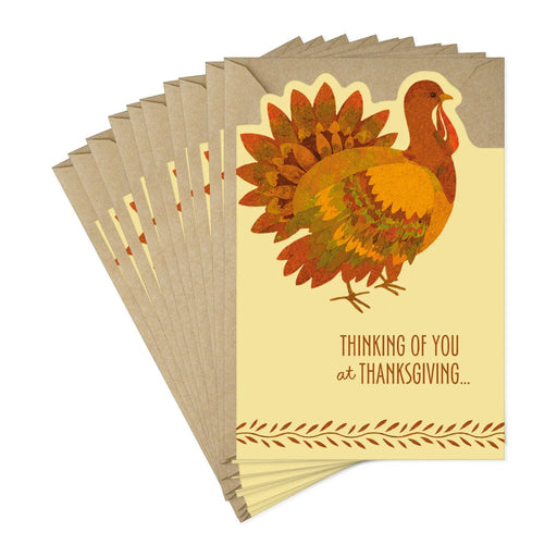 Front of Hallmark Thanksgiving card featuring a rustic turkey illustration in autumn colors