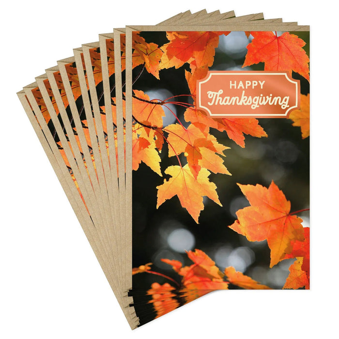 Hallmark Orange Autumn Leaves Thanksgiving card featuring vibrant orange fall leaves on a dark background with foil accents.