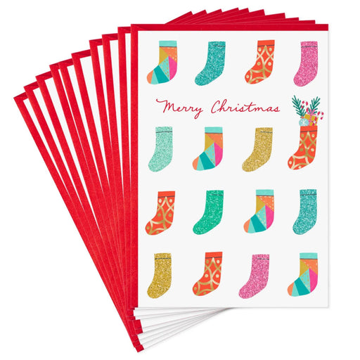 Hallmark Festive Stockings Christmas greeting cards, pack of 10.