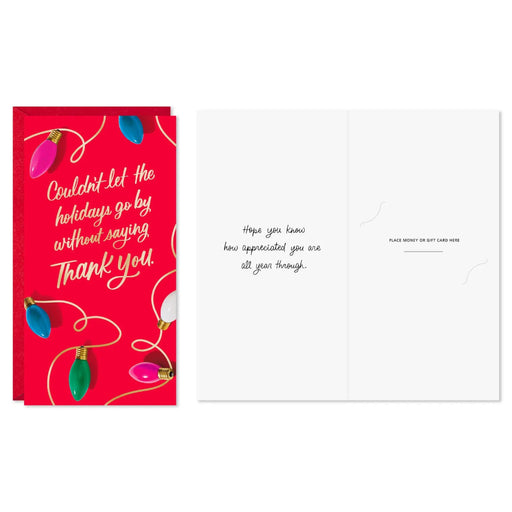 Hallmark Holiday Lights on Red money-holder thank you cards, pack of 10, featuring colorful holiday lights on a red background