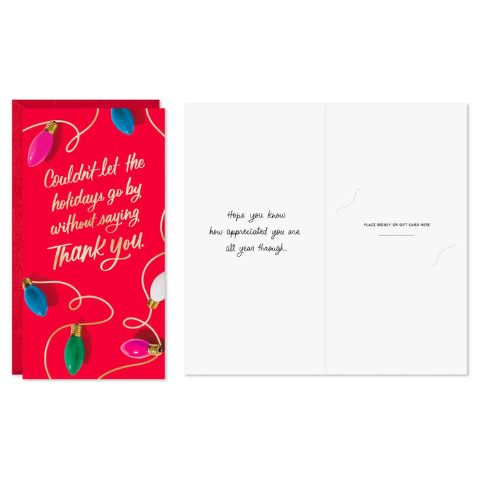 Hallmark Holiday Lights on Red money-holder thank you cards, pack of 10, featuring colorful holiday lights on a red background