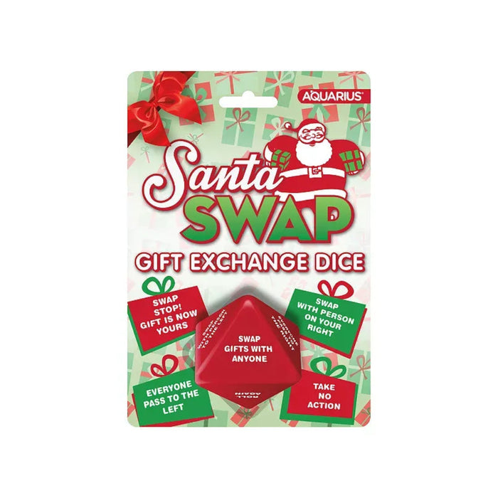 Santa Swap gift exchange dice packaging with red and green design on a white background