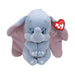 Soft Dumbo plush toy adorned with a blue and white heart, highlighting its iconic large ears and cheerful demeanor.