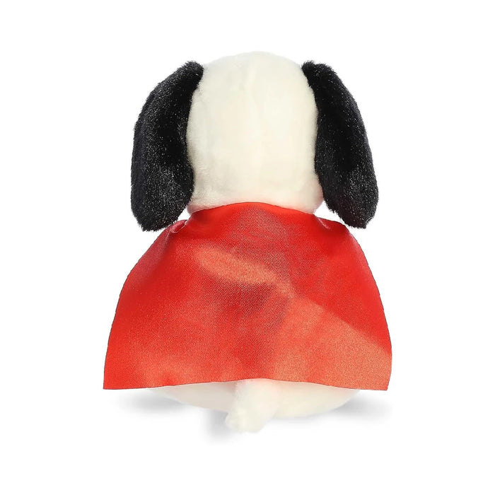 Plush dog dressed in a red mask and holding a red heart, embodying a fun and loving spirit.