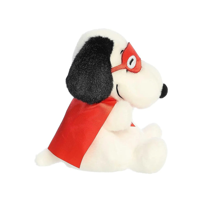 A cuddly dog toy featuring a red mask and a red heart, exuding charm and warmth.