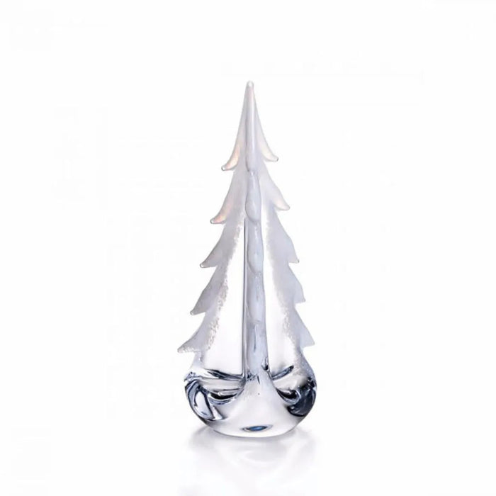 Simon Pearce Vermont Snowy Branches glass evergreen with frosted white branches, displayed beside glass pumpkins and lights.