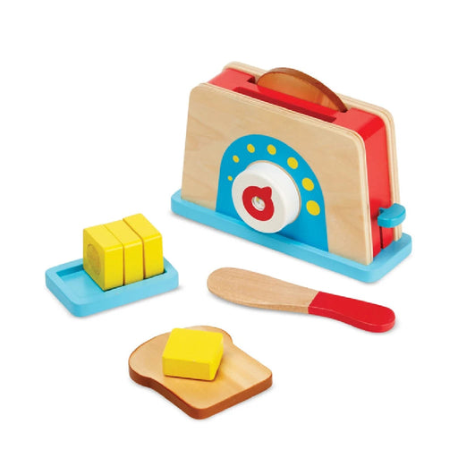 A wooden toy toaster set with a knife, a slice of bread, and a pat of butter for imaginative play.