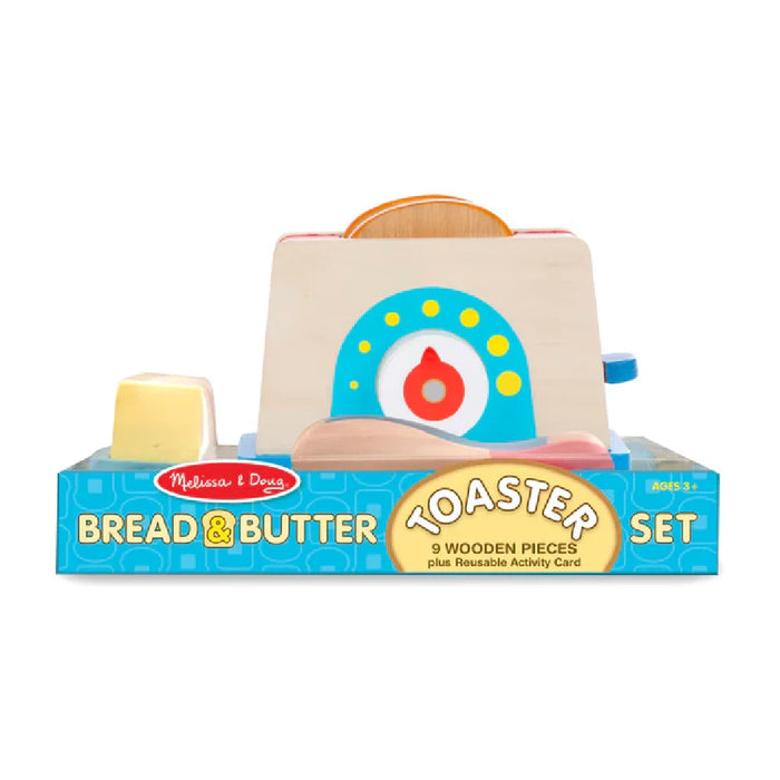 A wooden toy toaster accompanied by a knife, bread, and butter, designed for children's imaginative cooking.