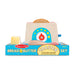 A wooden toy toaster accompanied by a knife, bread, and butter, designed for children's imaginative cooking.