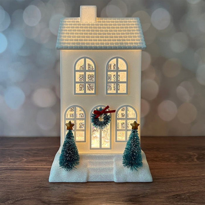 9.5" Ivory Christmas Village Glitter Townhouse - 9.5" Ivory Christmas Village Glitter Townhouse