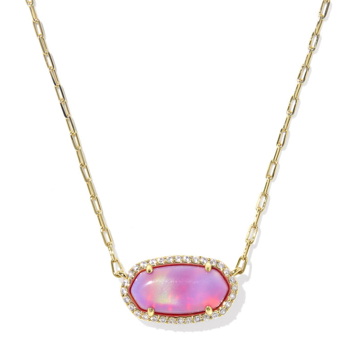 Kendra Scott Elisa Pavé Frame Gold Short Pendant Necklace featuring a pink opalescent resin stone set in a gold-tone frame with sparkling pavé accents and a delicate chain.