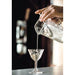 Hand pouring liquid from a glass container into a cocktail glass with a blurred background