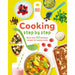 Book cover of 'Cooking step by step' with various food illustrations on a yellow background