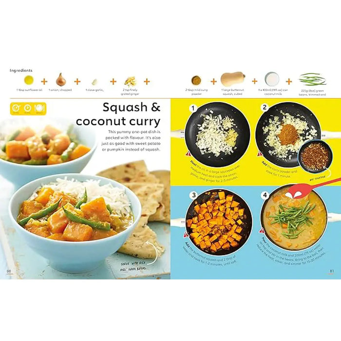 Recipe card for squash and coconut curry with step-by-step instructions and ingredients.