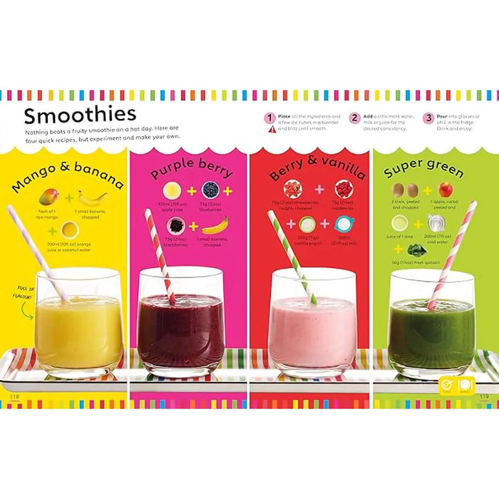 Four smoothie glasses with colorful straws on a white background, featuring different smoothie recipes.