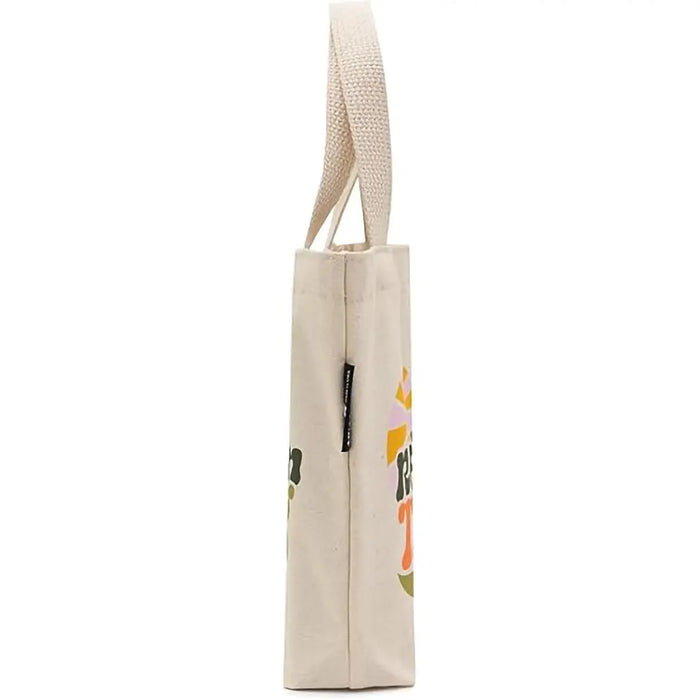 Beige tote bag with a colorful design on a white background