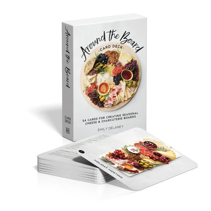 Card deck packaging with cards displayed on a white background