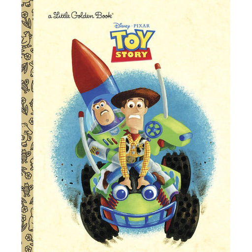 Toy Story book cover with Buzz Lightyear and Woody on a toy car