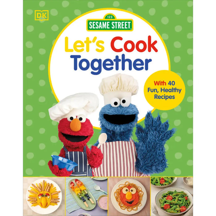Sesame Street cookbook titled 'Let's Cook Together' with Elmo and Cookie Monster on a green polka dot background.