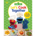 Sesame Street cookbook titled 'Let's Cook Together' with Elmo and Cookie Monster on a green polka dot background.