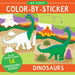 Colorful dinosaur stickers arranged for a fun coloring activity, featuring various dinosaur species and vibrant designs.