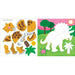 Colorful dinosaur-themed stickers displayed for a creative coloring activity, highlighting different dinosaur shapes and colors.