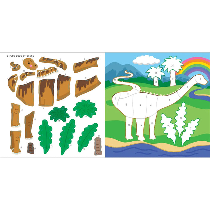 A playful set of dinosaur stickers intended for coloring, featuring a variety of dinosaurs in bright and engaging designs.