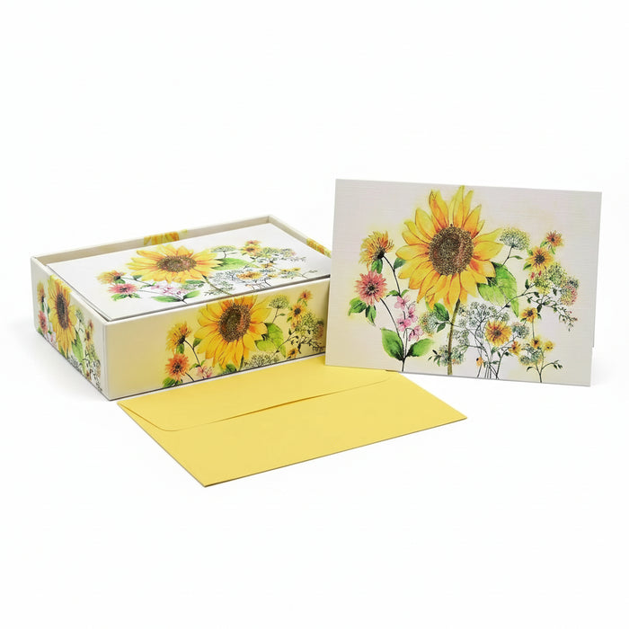 Peter Pauper Press Watercolor Sunflower Note Cards featuring watercolor sunflowers with gold foil accents and matching envelopes