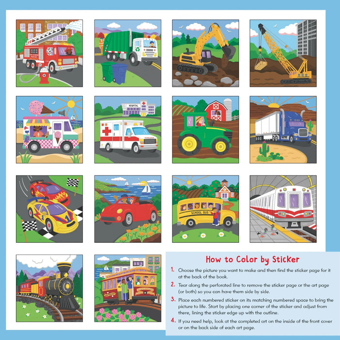 My First Color-by-Sticker Book: Cars, Trucks and Trains is perfect for young children who love sticker art and things that go.