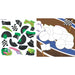 A collection of colorful paper cutouts depicting various race cars alongside a larger car cutout.