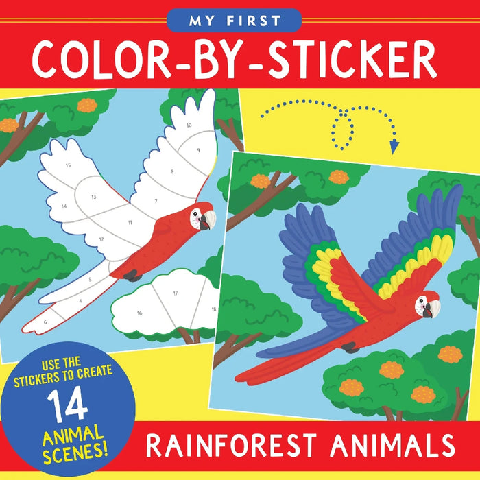 Color-by-sticker activity featuring various rainforest animals, showcasing vibrant colors and playful designs.