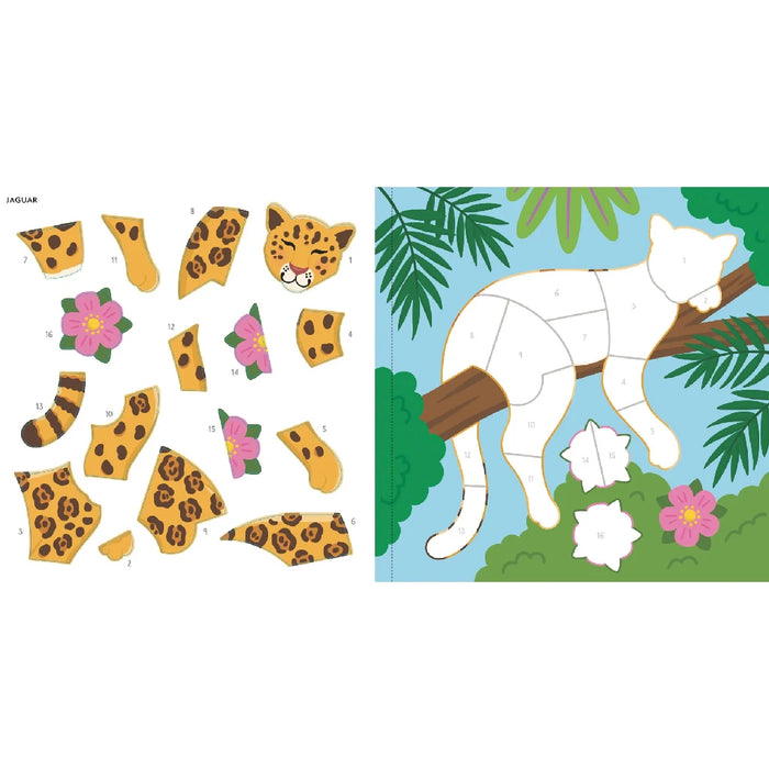 Illustrated color-by-sticker scene of rainforest animals, designed for fun and creativity with colorful stickers.