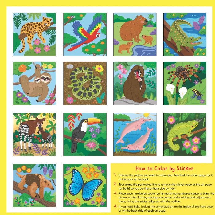 A color-by-sticker page displaying rainforest animals, inviting creativity with bright colors and engaging illustrations.