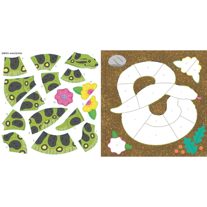 A vibrant color-by-sticker image featuring diverse rainforest animals, encouraging artistic expression and exploration.