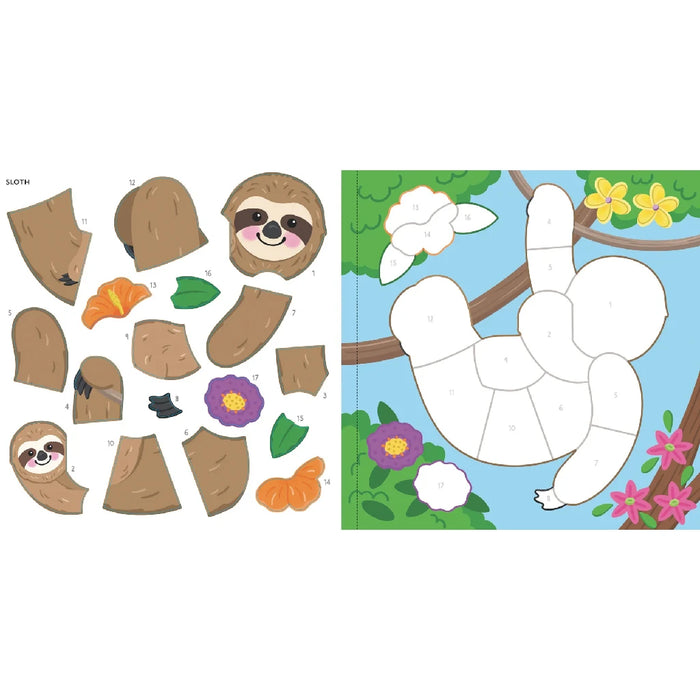Color-by-sticker artwork of rainforest animals, highlighting a playful and colorful approach to creative activities.