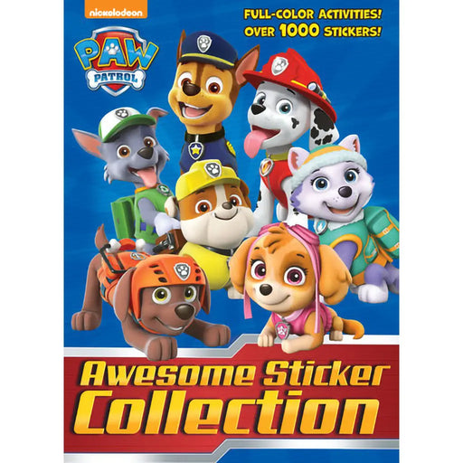 Paw Patrol sticker book cover with characters and text on a blue and red background