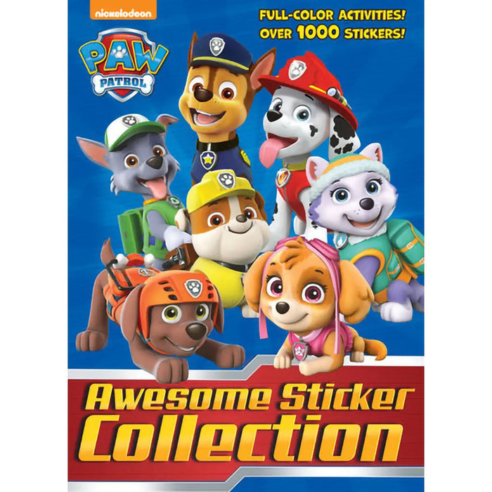 Paw Patrol sticker book cover with characters and text on a blue and red background