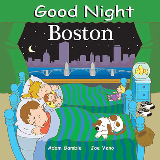 Book cover of 'Good Night Boston' with children in bed and city skyline.