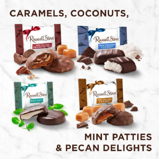 Assorted Russell Stover candies including caramels, coconuts, mint patties, and pecan delights on a white background.