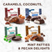 Assorted Russell Stover candies including caramels, coconuts, mint patties, and pecan delights on a white background.
