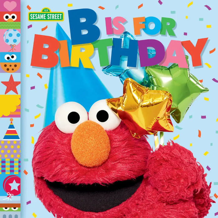 Book cover of 'B is for Birthday' featuring Elmo from Sesame Street with balloons and confetti.