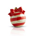 Red and white striped ornament with a bow on a white background