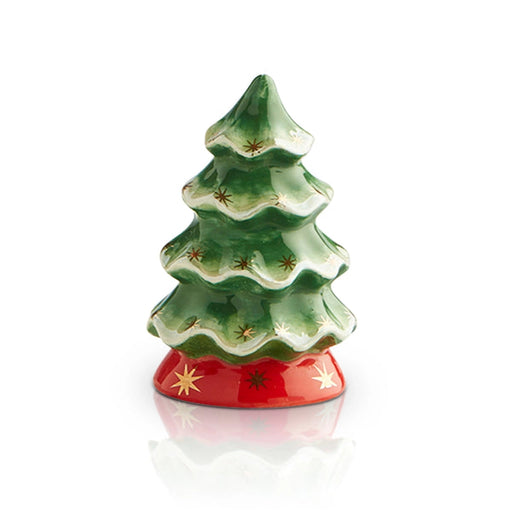 Decorative Christmas tree figurine with a red base on a white background