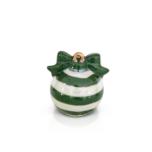 Small ceramic ornament with green and white striped design and a bow on top.