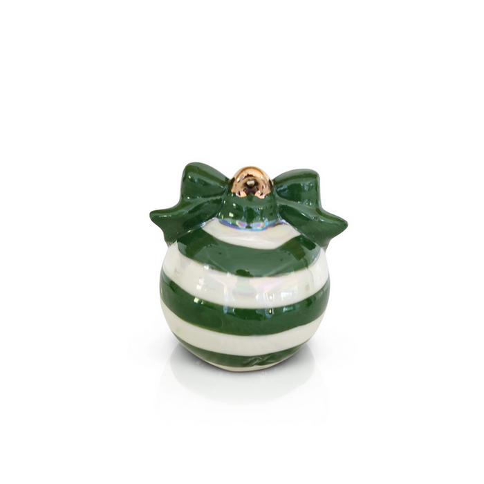 Small ceramic ornament with green and white striped design and a bow on top.