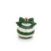 Small ceramic ornament with green and white striped design and a bow on top.