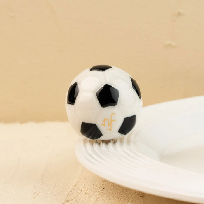 A white plate holds a black and white soccer ball, showcasing a simple yet striking presentation.