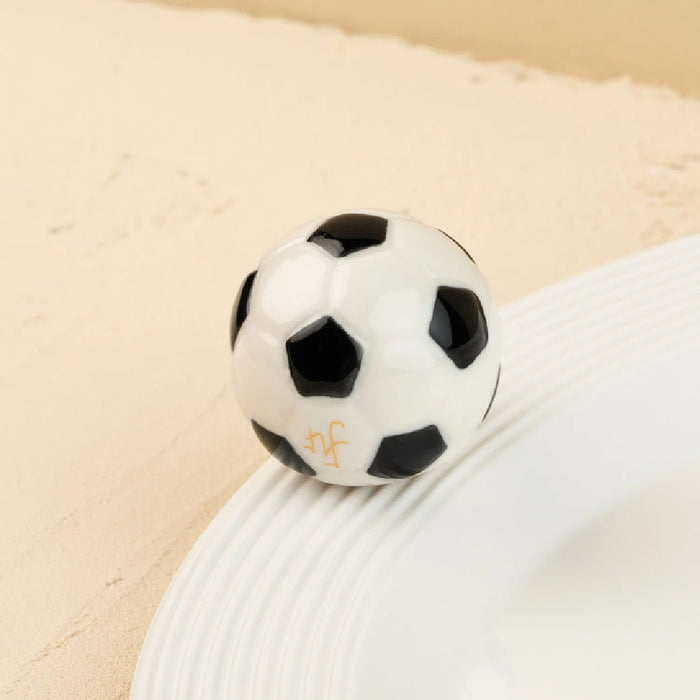 A black and white soccer ball rests on a white plate, creating a contrasting visual display.