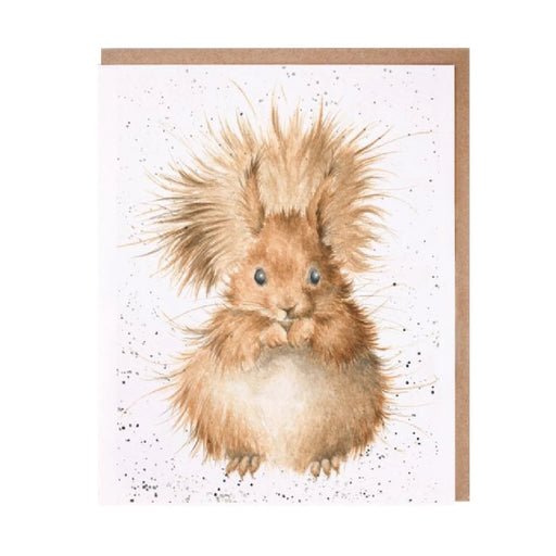 A greeting card featuring a cute squirrel sitting on a branch, surrounded by colorful autumn leaves.