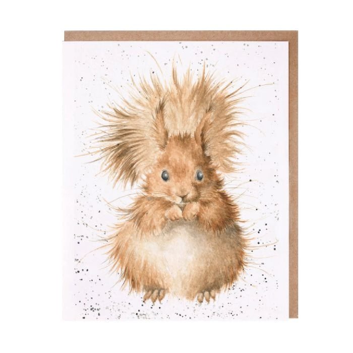 A greeting card featuring a cute squirrel sitting on a branch, surrounded by colorful autumn leaves.